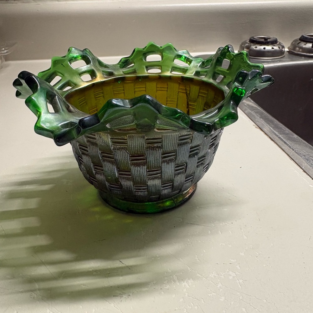 Vintage Fenton Green Carnival Glass Bowl
